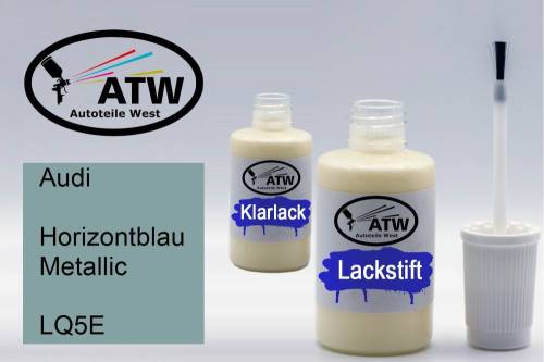 Audi, Horizontblau Metallic, LQ5E: 20ml Lackstift + 20ml Klarlack - Set, von ATW Autoteile West.